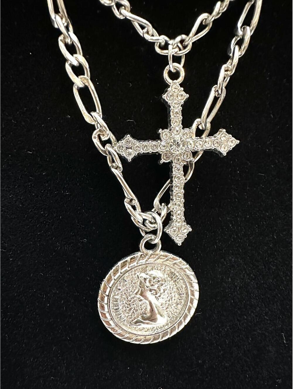 Vintage Set Silver Tone Multi Strand Chain Necklace Medallion and Crest pendant